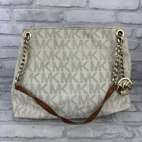 Michael Kors Jet Set Shoulder Bag Purse MK Logo Vanilla/Tan - Picture 1 of 5